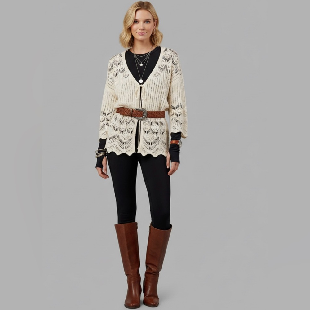 Aqua ivory crochet wide sleeve sweater